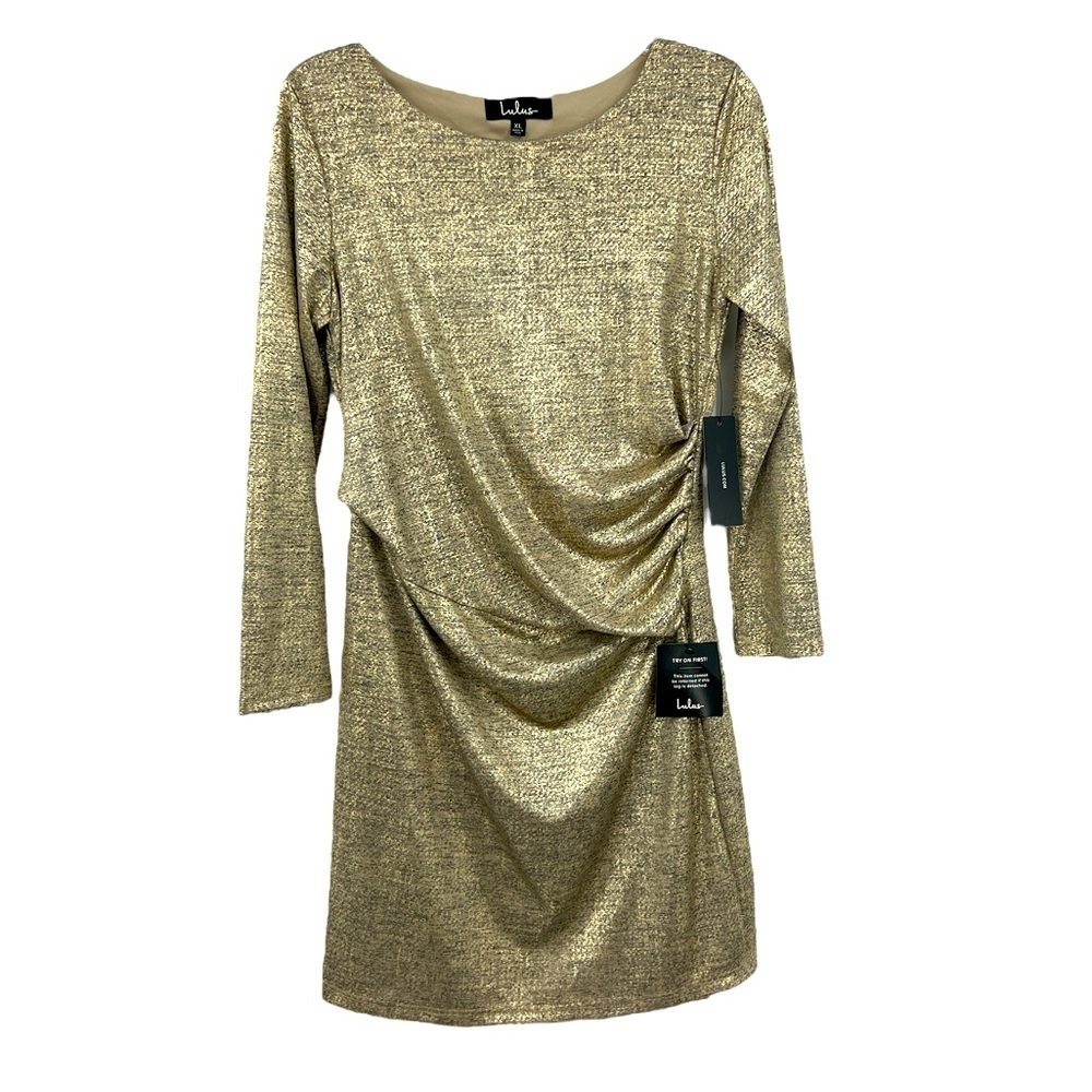 NWT’S Lulus Luxe of My Life Gold Long Sleeve Holiday Stretch festive Dress SZ XL